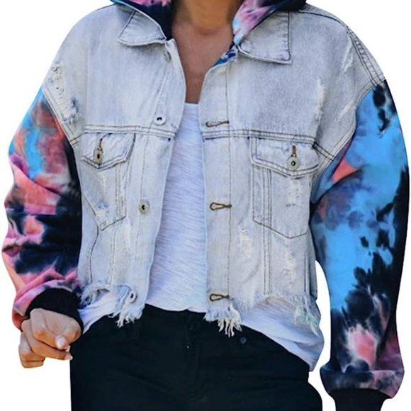NWT Tie Dye Womens Jean Jacket with Removable Hood - Picture 2 of 4